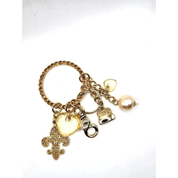 Kathy Van Zeeland Hearts Crystal Pave Fleur Gold Tone Mixed Charm Keychain - Picture 1 of 9